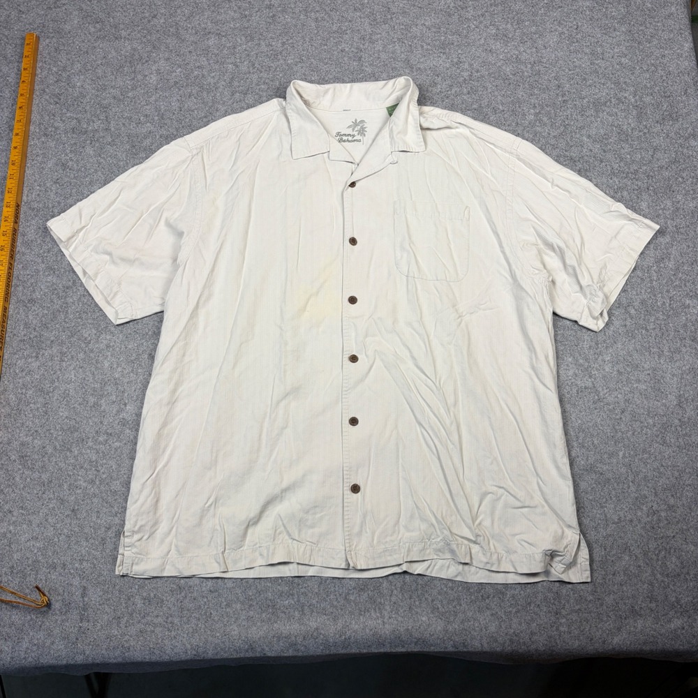 Tommy Bahama Mens XL Silk Short Sleeve Button Down Shirt Cream Jacquard Tropical